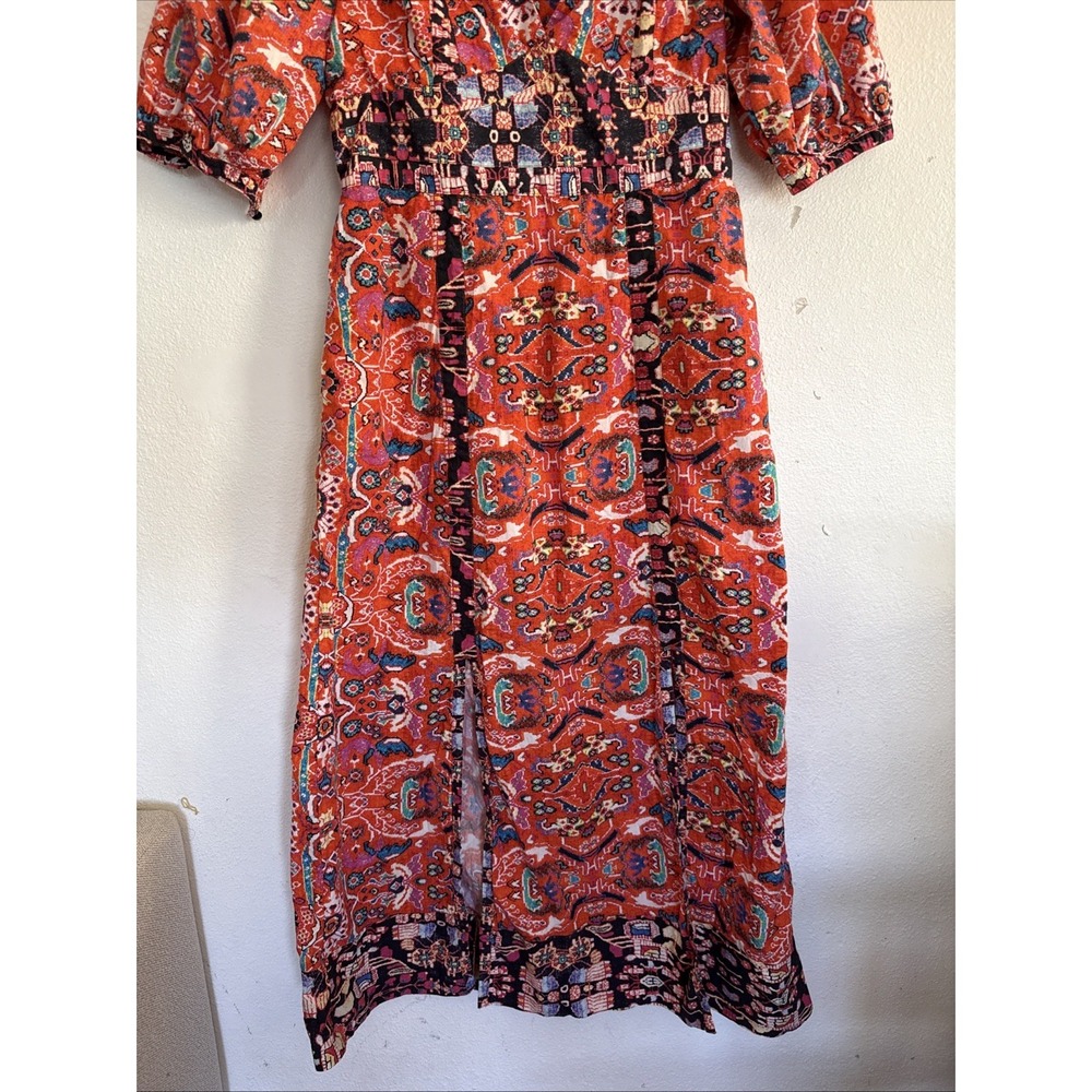 Anthropologie Paisley Midi Dress Womens 6 Orange Red Boho Puff Sleeve Side Slit - Picture 3 of 10